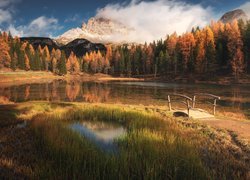 Jezioro, Antorno Lake, Mostek, Góry, Dolomity, Alpy, Drzewa, Jesień, Chmury, Włochy