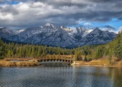 Góry, Jezioro, Herbert Lake, Most, Drzewa, Park Narodowy Banff, Prowincja Alberta, Kanada