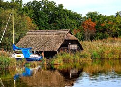 Jezioro, Motorówka, Szopa, Chata, Zarośla