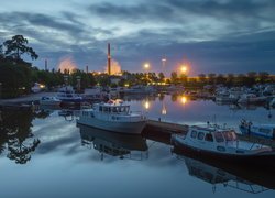 Przystań, Sapokka Harbor, Motorówki, Świt, Światła, Kotka, Finlandia