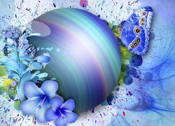 Motyl i niebieskie kwiaty przy kolorowej kuli w grafice