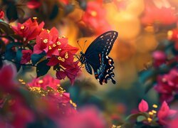 Motyl, Bugenwilla, Czerwone, Kwiaty, Grafika