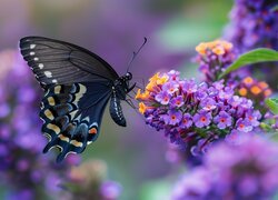 Motyl na fioletowych kwiatach w grafice