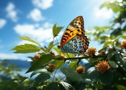 Motyl, Gałąź, Liście, Niebo, Grafika