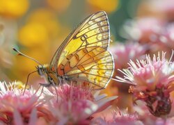 Motyl, Żółty, Różowe, Kwiaty, Grafika