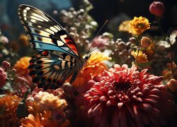 Motyl na rozświetlonych kolorowych kwiatach