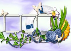 Motyle i kwiaty na ramkach z serduszkiem w grafice