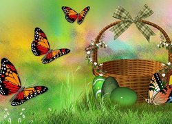 Motyle i wielkanocny koszyk z pisankami na trawie w 2D