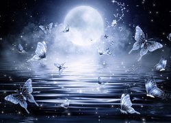 Motyle nad wodą w blasku księżyca w grafice fantasy