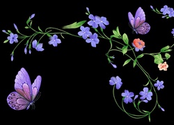 Motylki i kwiaty na czarnym tle w grafice 2D