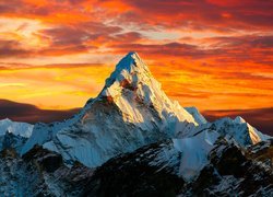 Nepal, Himalaje, Ośnieżone, Góry, Szczyty, Mount Everest, Czomolungma, Zachód słońca, Chmury