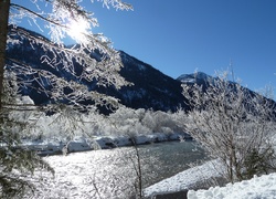 Austria, Rzeka, Śnieg, Słoneczny, Poranek, Mróz