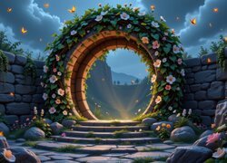 Murowane koło w murze oplecione pnącymi różowymi kwiatami