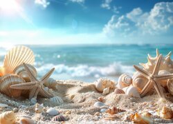 Plaża, Muszle, Rozgwiazdy, Morze, Niebo, Grafika