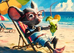 Śmieszne, Myszka, Napój, Leżak, Parasol, Morze, Plaża, Grafika