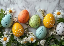 Kropkowane, Pisanki, Białe, Kwiaty, Wielkanoc