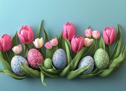 Wielkanoc, Tulipany, Liście, Pisanki