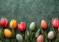 Wielkanoc, Kolorowe, Pisanki, Tulipany, Tło