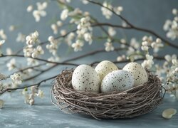 Nakrapiane pisanki w gniazdku pod ukwieconymi gałązkami