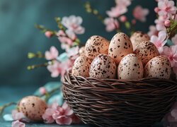 Nakrapiane pisanki w koszyczku i ukwiecone gałązki obok