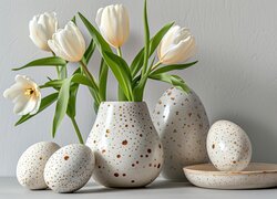 Porcelanowe, Jajka, Wazon, Białe, Tulipany, Wielkanoc, Grafika