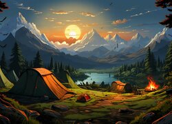 Namioty nad jeziorem w górach o zachodzie słońca
