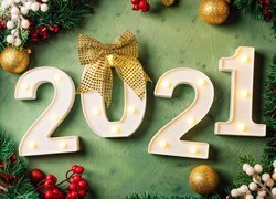 Nowy Rok, 2021, Ozdoby, Bombki, Gałązki, Kokarda