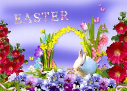 Napis Easter nad malwami i króliczkiem w grafice