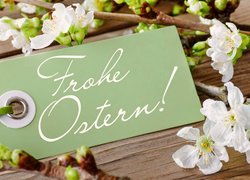 Napis Frohe Ostern obok kwitnących gałązek