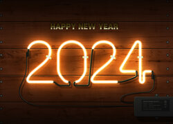 Sylwester, Neon, Napis, Happy New Year, 2024, Ściana, Deski