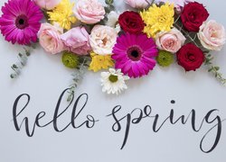 Napis Hello spring pod różnorodnymi kwiatami