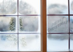 Boże Narodzenie, Zima, Okno, Śnieg, Choinka, Napis, Merry Christmas