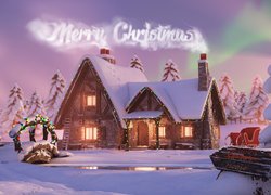 Napis Merry Christmas nad ośnieżonym domem