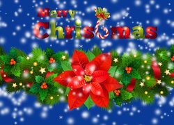 Napis Merry Christmas nad zielonymi gałązkami