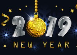 Napis New Year 2019 z bombką i gwiazdkami