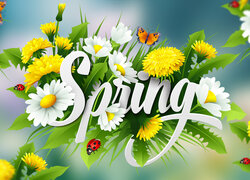Napis Spring na wiosennych kwiatach w grafice