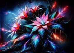 Neonowe fantazyjne kwiaty na czarnym tle