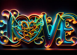 Neonowy napis Love z sercem na czarnym tle