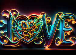 Miłość, Neon, Napis, Love, Czarne, Tło, 2D