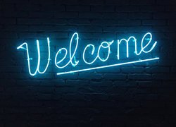 Neon, Świetlny, Napis, Welcome, Mur