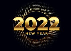 Nowy Rok, Data, 2022, Złote, Cyfry, Złote, Koło, Napis, New Year, Czarne tło