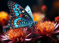 Niebieski motyl na kwiatach w grafice