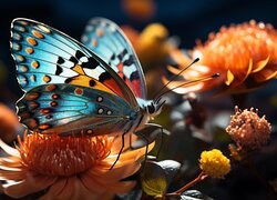 Niebieski motyl na pomarańczowym kwiatku w świetle