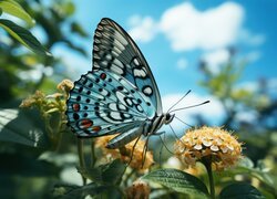 Motyl, Niebieski, Żółte, Kwiaty, Niebo, Grafika