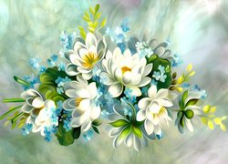 Niebieskie, Białe, Kwiaty, Bukiet, Grafika