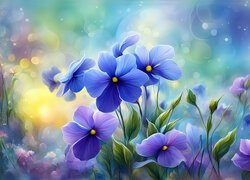Niebieskie i fioletowe kwiaty w grafice na rozmytym tle