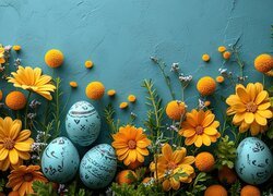 Wielkanoc, Pisanki, Żółte, Kwiaty, Niebieskie, Tło