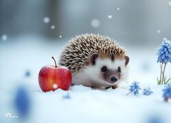 Niebieskie szafirki w śniegu obok jeża i jabłka na śniegu