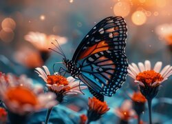 Niebiesko-pomarańczowy, Motyl, Białe, Kwiaty