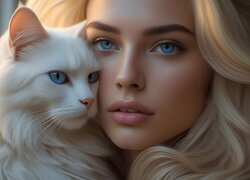 Dziewczyna, Blondynka, Niebieskie, Oczy, Biały, Kot, Maine Coon, Blond włosy